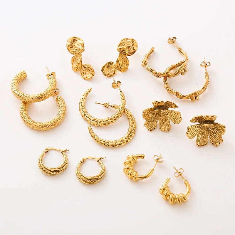 2023 New Stainless Steel Gold Plating Twist Hoop Pierced Earrings Flower Leaf Earrings for Women Jewelry Set
