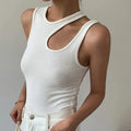 Casual White Cut Out Women's T Shirt Round Neck Sleeveless Korean Slim T Shirts Female Clothing 2023 Summer Fashion