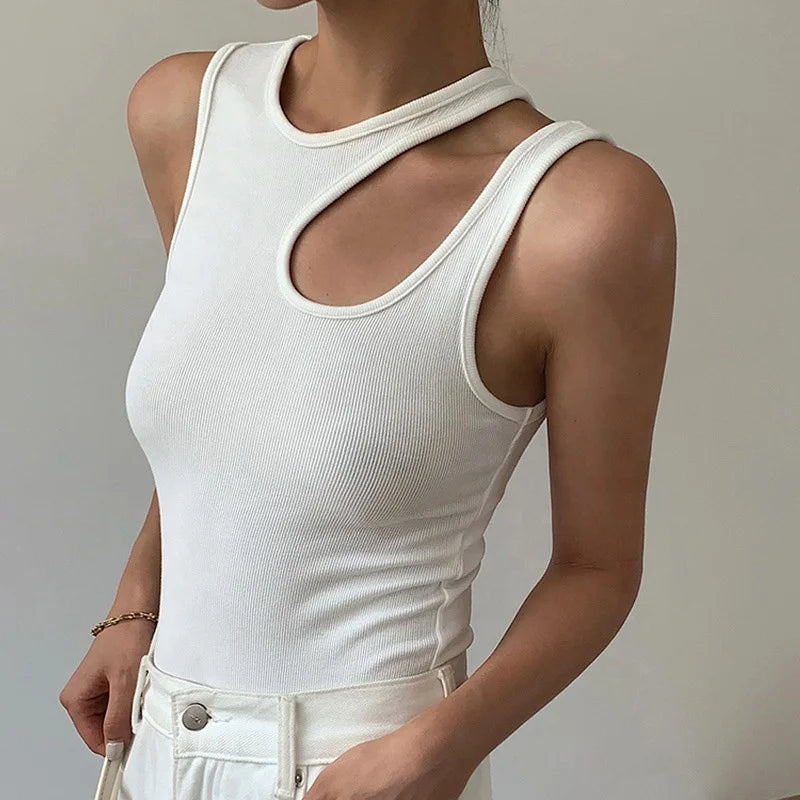 Casual White Cut Out Women's T Shirt Round Neck Sleeveless Korean Slim T Shirts Female Clothing 2023 Summer Fashion