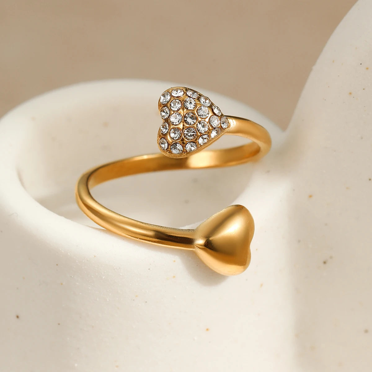 Stainless Steel Women Jewelry Rings 18K Gold Asymmetric Heart Shaped Rhinestone Open Rings