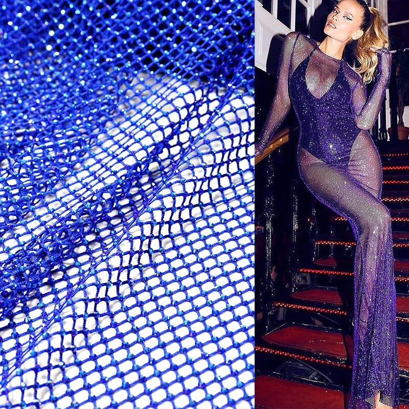 N001 Custom Blue Crystal Stretch Fishing Net Rhinestone Fabric Shiny Rhinestone SS10 Mesh Fabric Dress