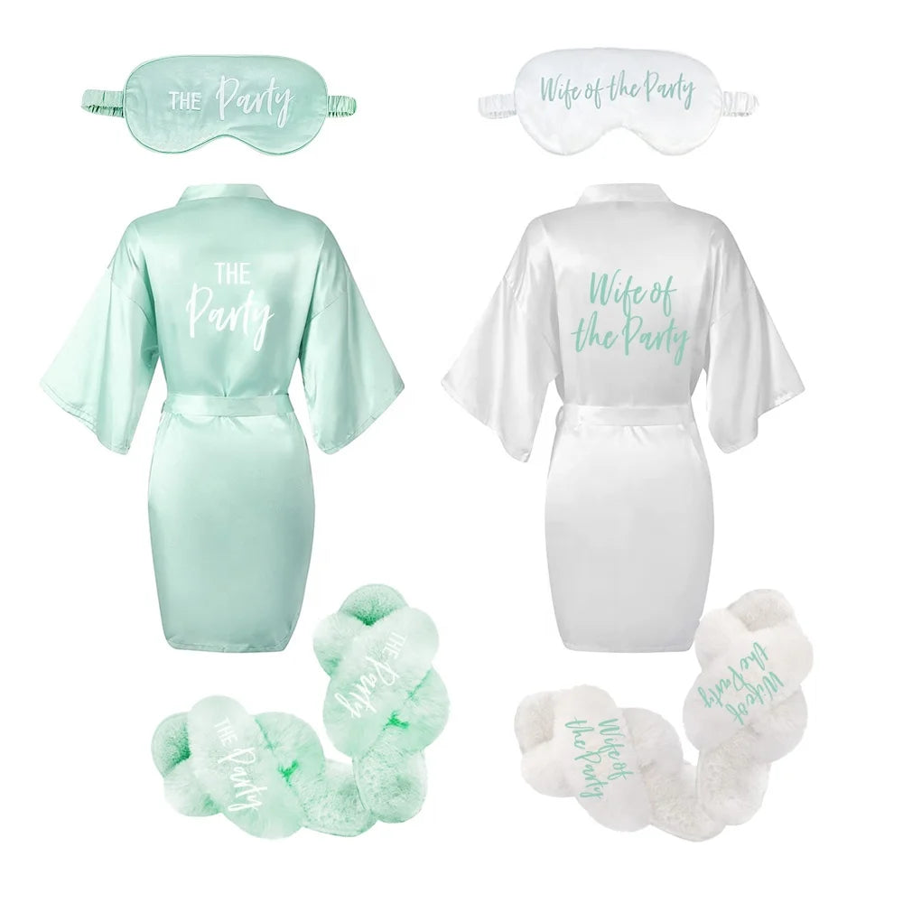 Bridesmaid Proposal Gift Set Mint Green Bride Bridesmaid Satin Kimono Robe Fuzzy Slippers Silk Sleep Eye M Asks