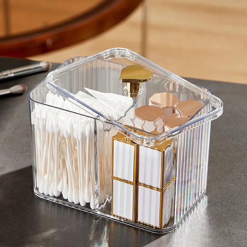 OWNSWING Cotton Swab Balls With Lid Box 2-Section Dispenser Storage Canister Plastic Cosmetic Container