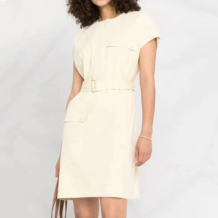 Pocket Style Knitting Natural Waist Sashes Washable Knee-Length Casual Summer Short Sleeve Dress for Women
