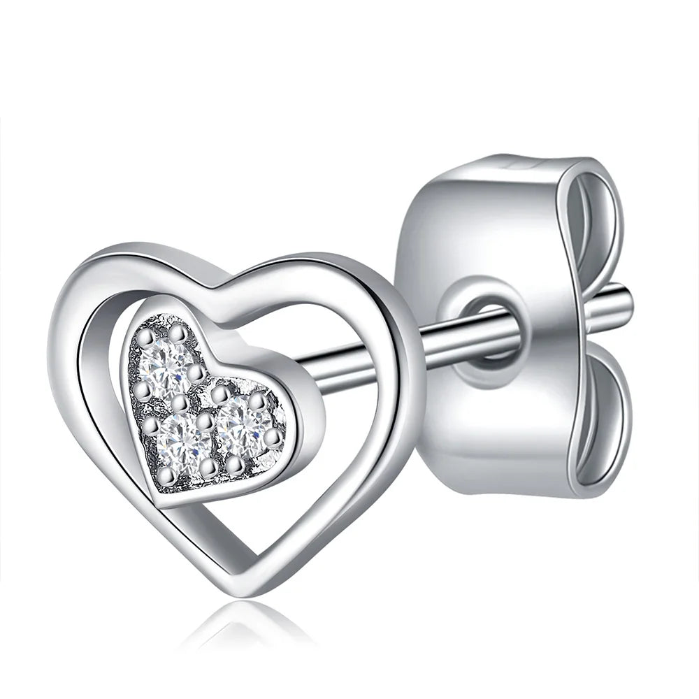 Two Hearts Design Silver Earrings for Ladies Popular New Fashion Jewelry Rhodium Plated Women Romantic Earrings