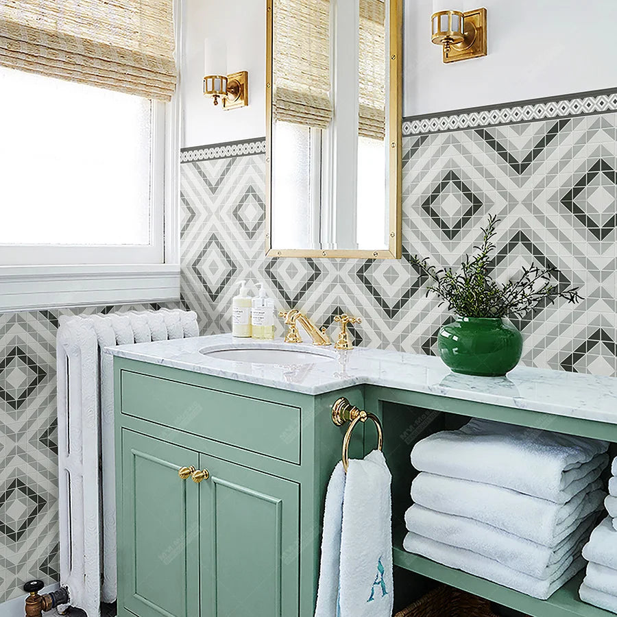 Hotel Restaurant Project Shower Floor Bathroom Kitchen Wall Backsplash 2" Ceramic Matte Green Mix Triangle Geometric Mosaic Tile