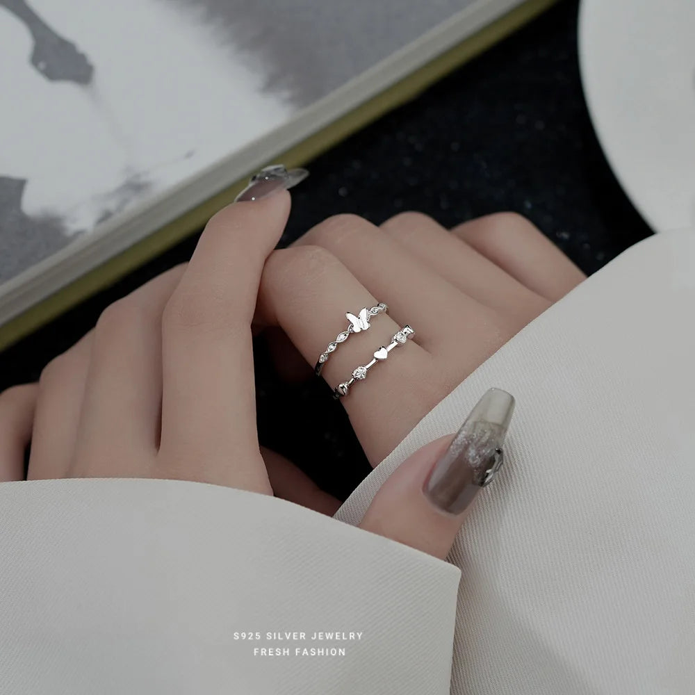 S925 Sterling Silver Woven Twisted Zircon Ring Fashion Luxury Love Butterfly Adjustable Silver Rings for Women Valentine's Day
