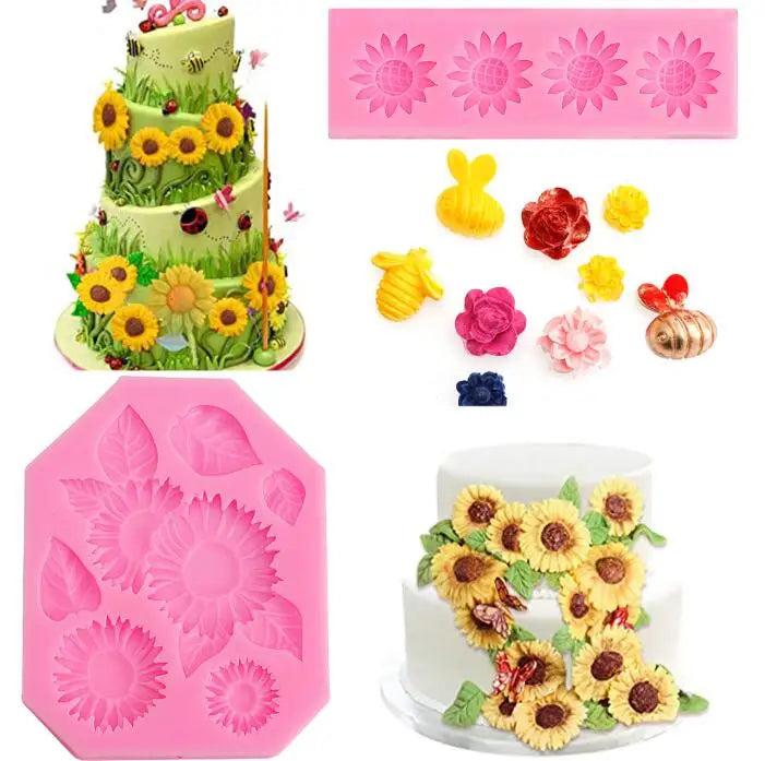 HY Silicone Bees and Flowers Theme Cake Silicone Molds for Cake Decoration Cupcake Toppers