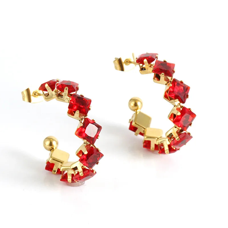 Stainless Steel Zircon Stud Earrings Trendy Women's Gold Plated Fashionable Colorful Jewelry for Wedding Engagement