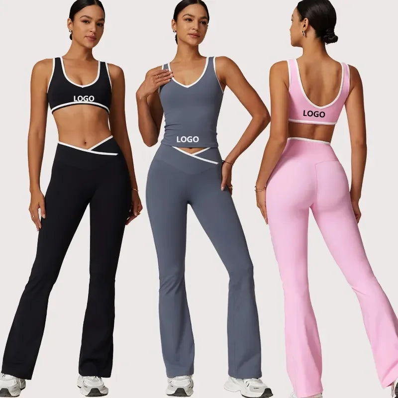 Custom Logo Quick Dry High Stretchy Sportswear Workout Women Yoga Leggings Pants Flares Active Wear Gym Fitness Yoga Sets