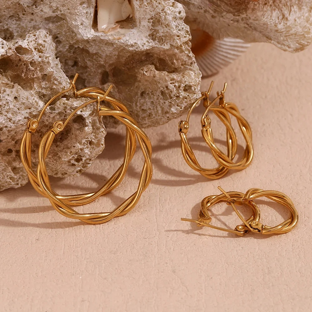 18K Gold Plated Stainless Steel Women's Trendy Thin Twisted Hoop Earrings Tarnish Free for Wedding Party or Gift