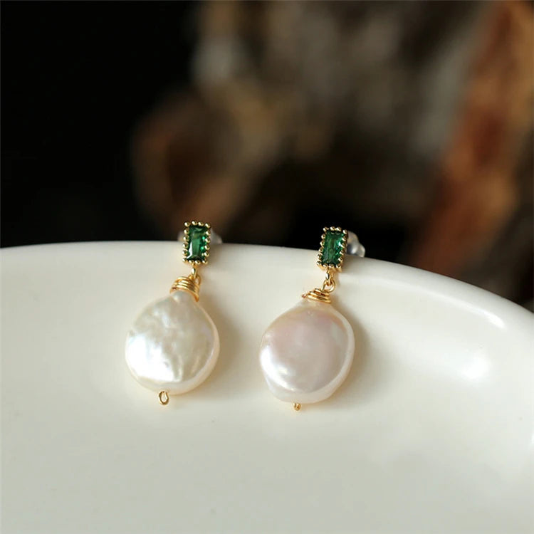 Aimgal Baroque Freshwater Emerald Pearl Drop Earrings Retro Original 14K Gold Plated Geometric Design for Engagements Parties