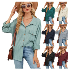 New Solid Color Lapel Button Pocket Long Sleeve Loose Coat Blouse Sweat Shirt Women