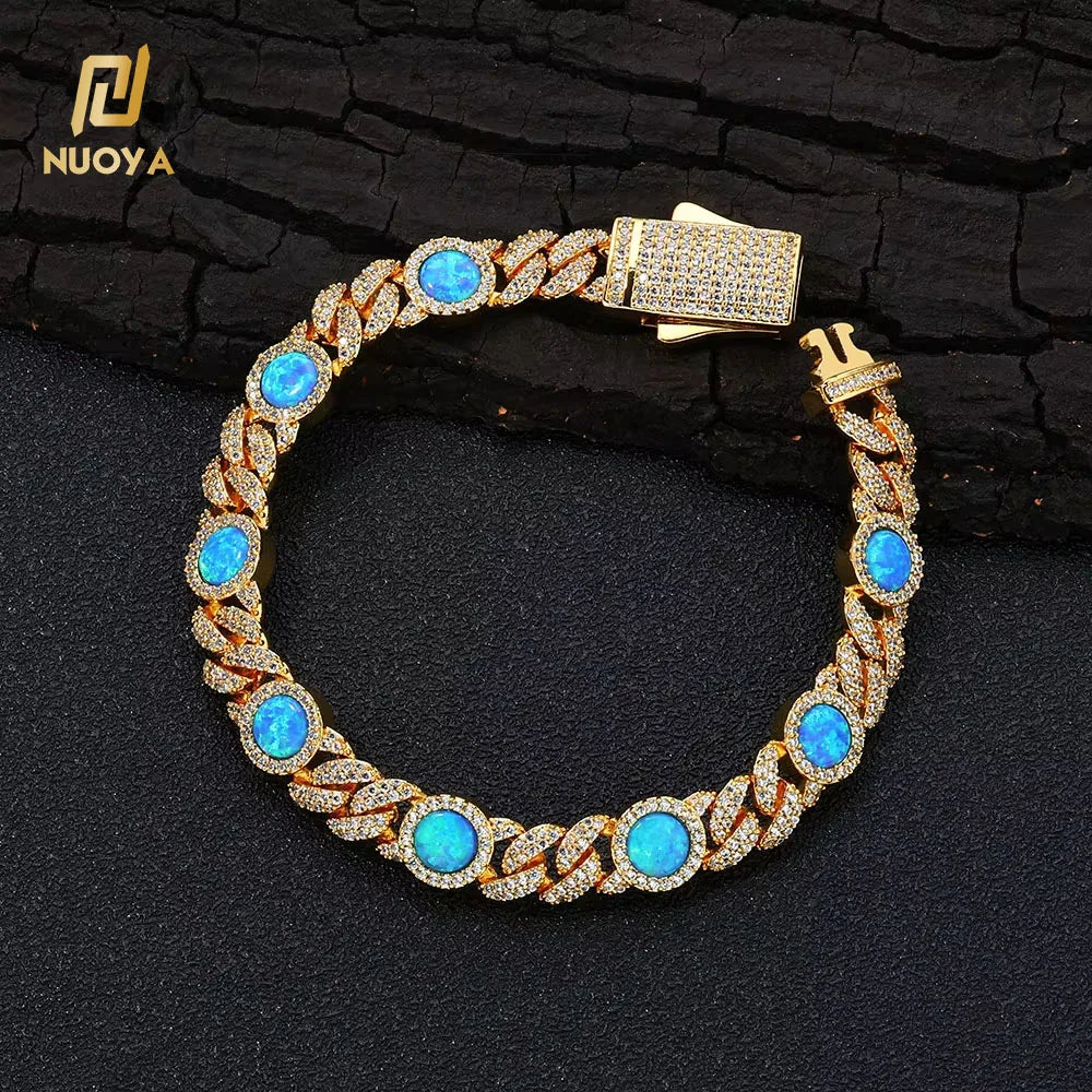 Nuoya New Style 8mm 18K Gold Plated Cuban Chain Bracelet Round Blue Opal Customized Size Cuban Chain Hip Hop Jewelry for Women