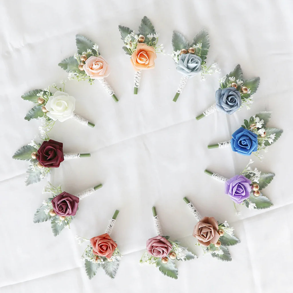 Men Boutonniere Buttonhole Rose Brooch Bride Wedding Wrist Corsage Bracelet Groom Ceremony Flower Party Meeting