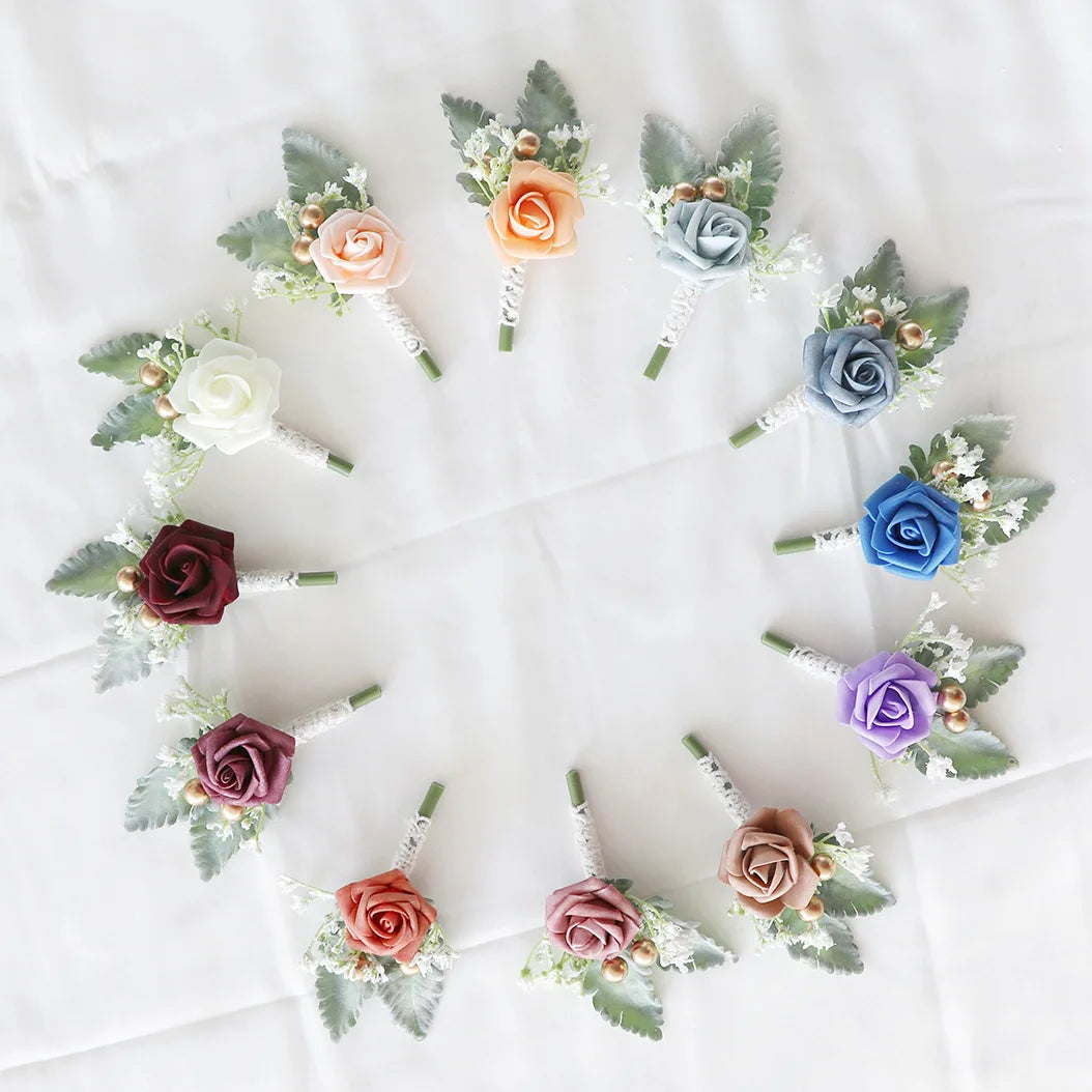 Men Boutonniere Buttonhole Rose Brooch Bride Wedding Wrist Corsage Bracelet Groom Ceremony Flower Party Meeting