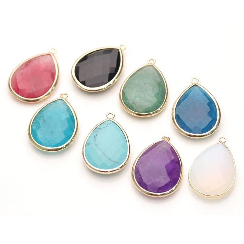 Natural Stone Teardrop Shape Pendant Faceted Gemstone Charm With Brass Gold Plated for Jewelry Making