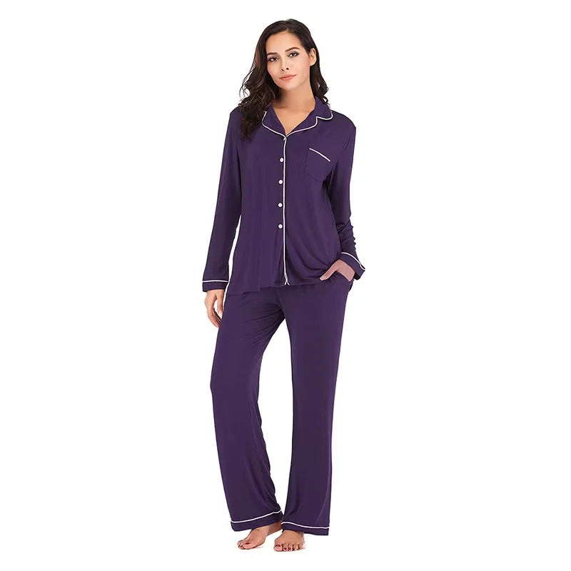 Modal Plus Size Women's Leisure Pajamas Set Turn-Down Collar Long Sleeve Top & Trousers for Spring/Summer Night Wear at Home