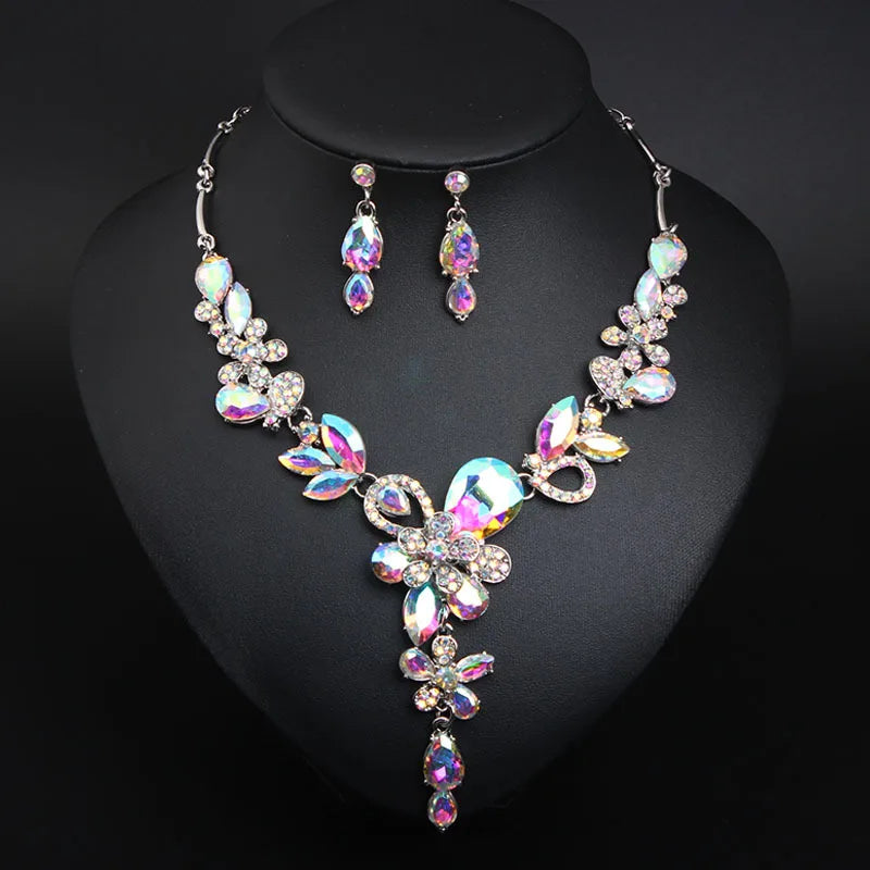 European and American High Quality Fashion Crystal Flower Bling Flash Gem Necklace and Earring Jewelry Sets for Women