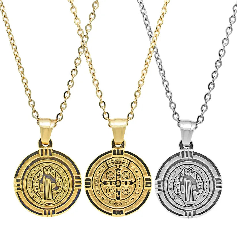 Trendy Jewelry Silver Pendant Saint Benedict Necklace Stainless Steel Religious Round St Benedict Cross Necklace for Men Women