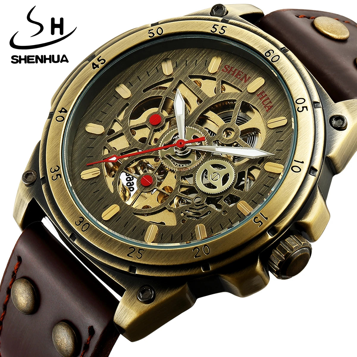 SHENHUA Retro Gear Design Classic Strap 30M Watertight Mechanical Relogio Masculino Self Wind Wrist Watches