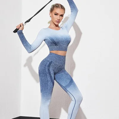 Women's Gradient Seamless 4-way Stretch Yoga Set Long Sleeve Crop Top & High Waist Yoga Leggings Moisture-wicking Activewear