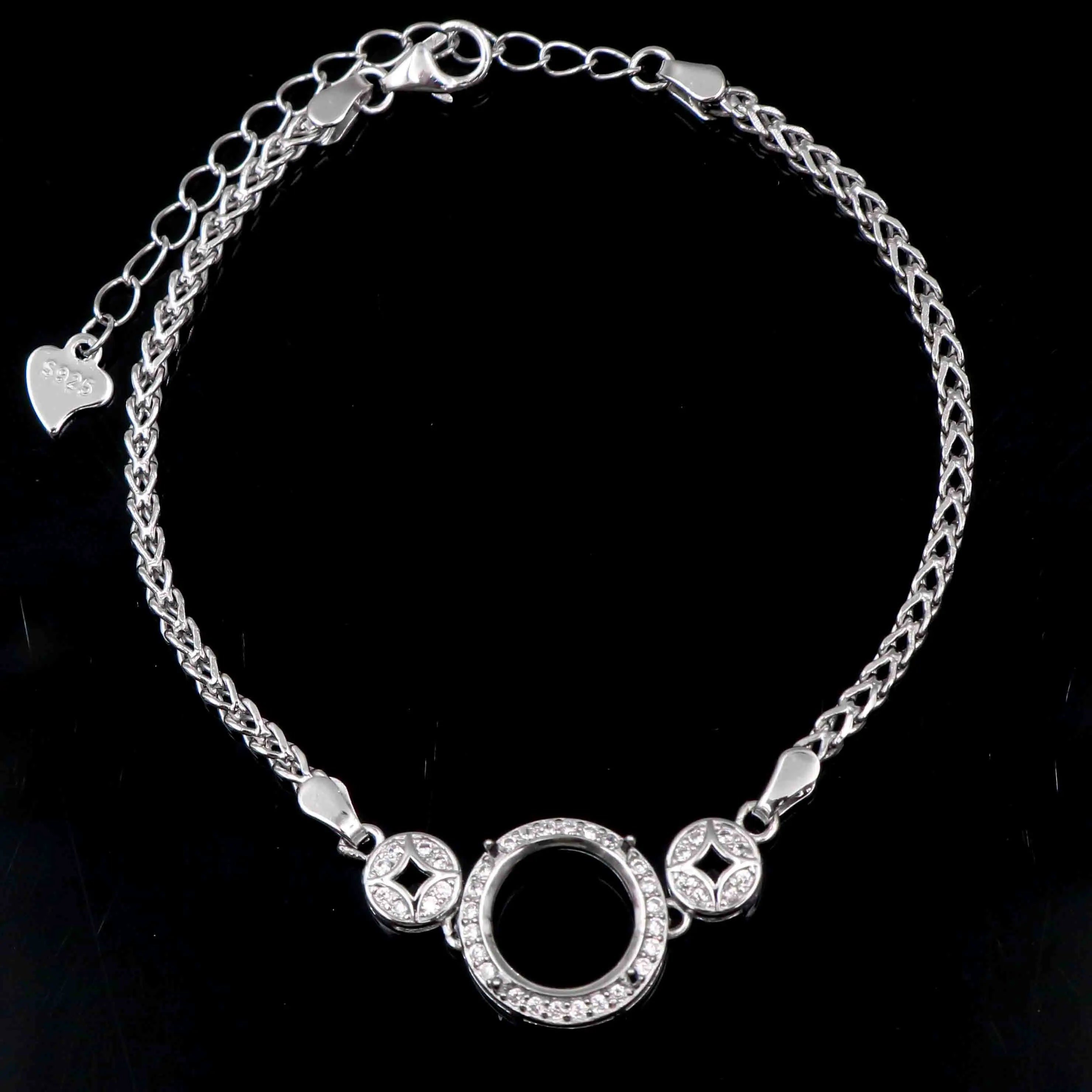 Sterling Silver 8mm/9mm/10mm Semi Mount Bracelet Empty Support Blank Setting S925 Base Holder Without Center Stone Inlay for DIY