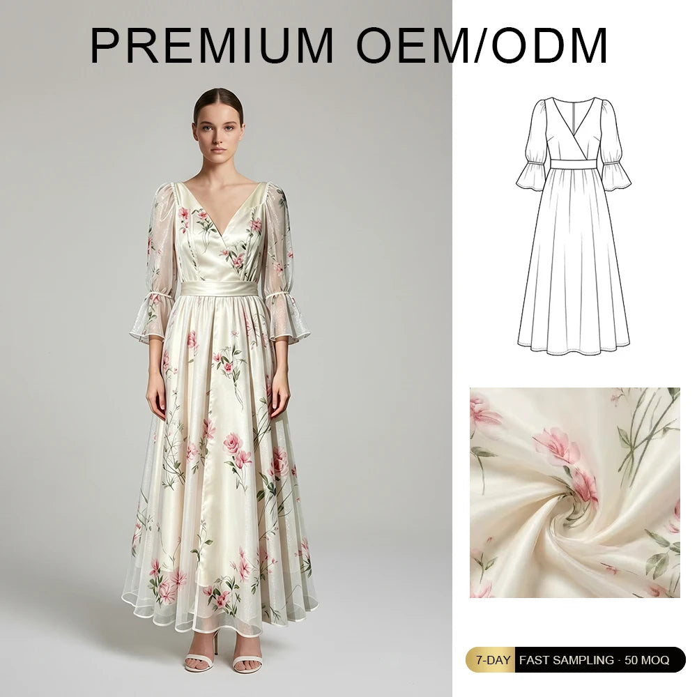Brand OEM Women's Fairy Princess Dress Fishbone Slim Print Square Collar Empire Waistline Long Floral Pattern a Line Maxi Dress