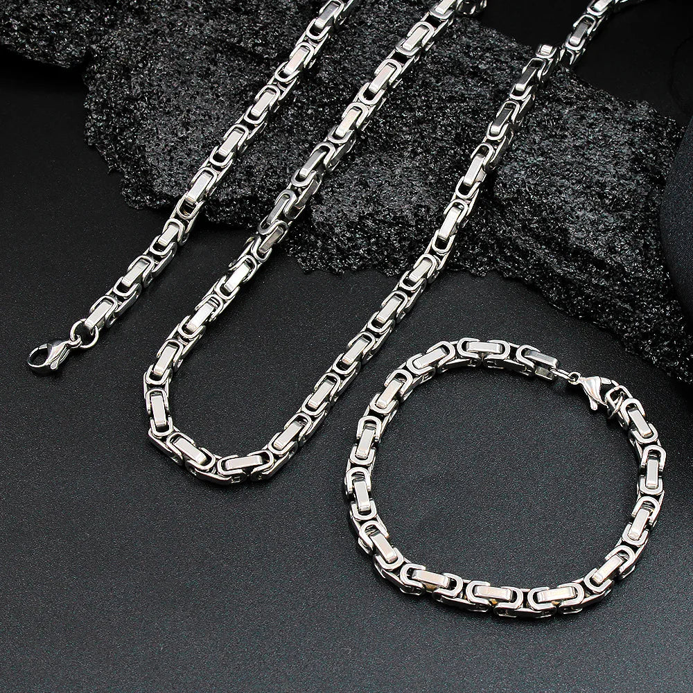 Fashion Non Tarnish 316l Stainless Steel Byzantine Chain Bracelet and Necklace Jewelry Set for Men