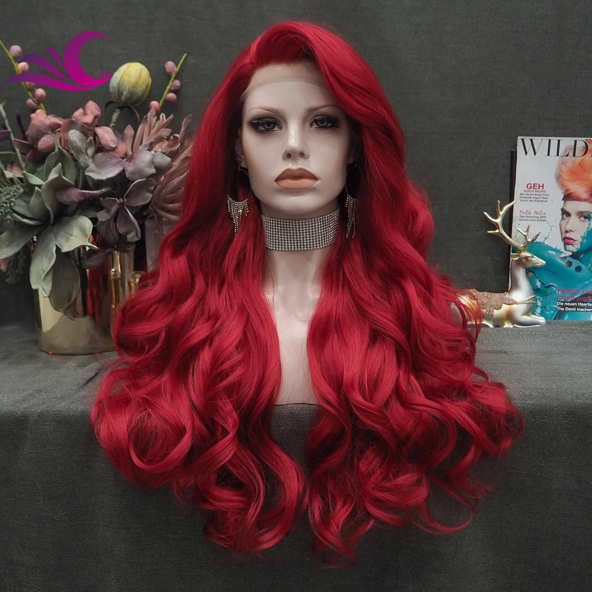 Celebrity Red Long Natural Wavy Synthetic Lace Front Wig Cosplay Wigs for Women Party Hair