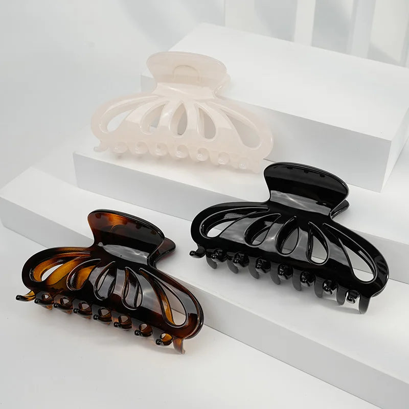 Wjia Advanced Sense Maillard Simple Retro Amber Red Brown Hollow Hair Shark Clip Back Head Hair Grab Clip Female Made Resin