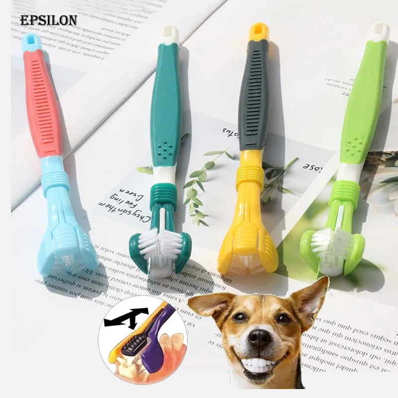 Epsilon New plastic dog toothbrush Teeth Care natural rubber dog toothbrush Triple Heads Pet Tooth Brush Dog Cats Dental Brush