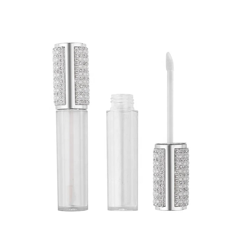 Luxury Bling Rhinestone Top Lip Gloss Tubes Pearl Silver Liptint Container Lip Glaze Bottle 5ML Lipgloss Tubes Custom Logo