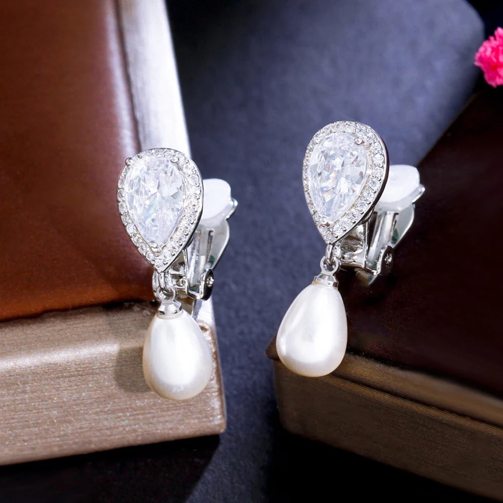 Korean Style Elegant Design Shiny White Cubic Zircon Paved Dangly Bridal Wedding Party Clip on Pearl Earrings No Piercing Hole