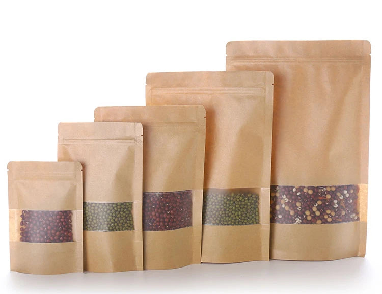 Custom White Brown Kraft Paper Biodegradable Zipper Stand up Pouch with Window Logo for Snack Gift Dry Goods Nuts Pizza & Jelly
