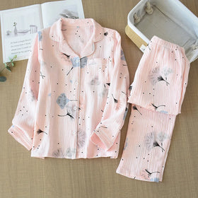 New Large Size Pajamas Women Cotton Crepe Home Service Long Sleeve Trousers Suit Sleepwear