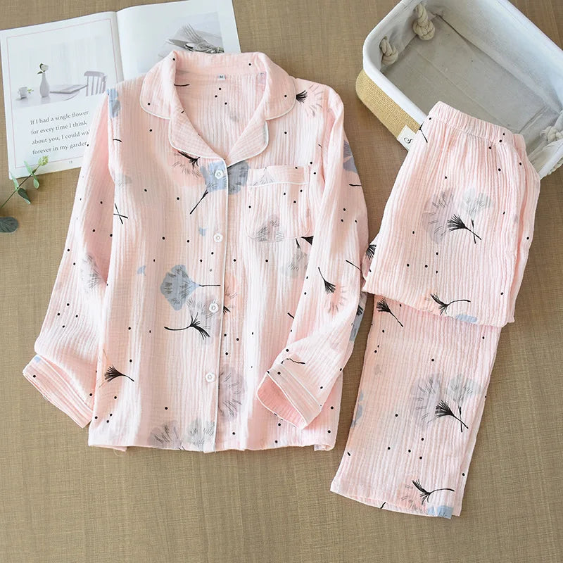 New Large Size Pajamas Women Cotton Crepe Home Service Long Sleeve Trousers Suit Sleepwear