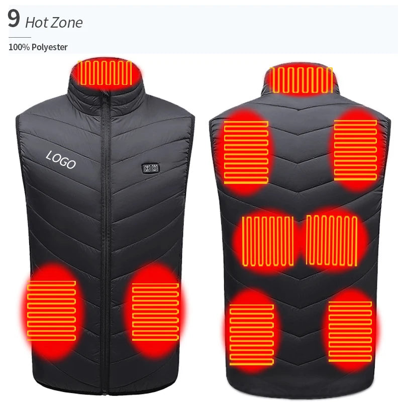 9 Heat Zones USB Sleeveless Heated Jacket Mens Winter Puffer Heated Vest Custom logo