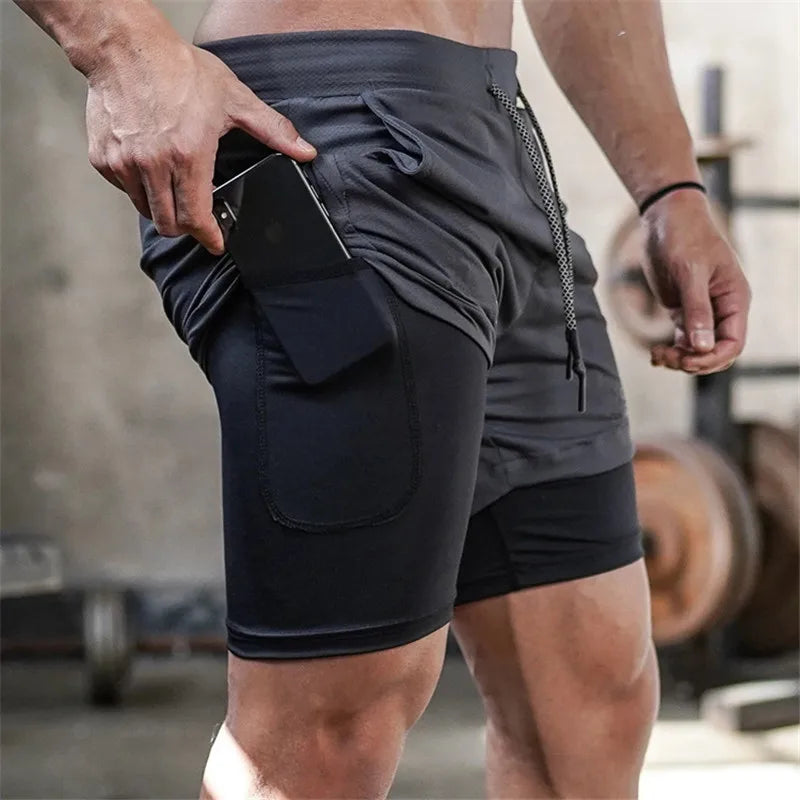 Men's 2 In1 Active Running Shorts Workout Training Slim Lightweight Drawstring Casual Elastic Waist Pocketed Men Shorts Pants