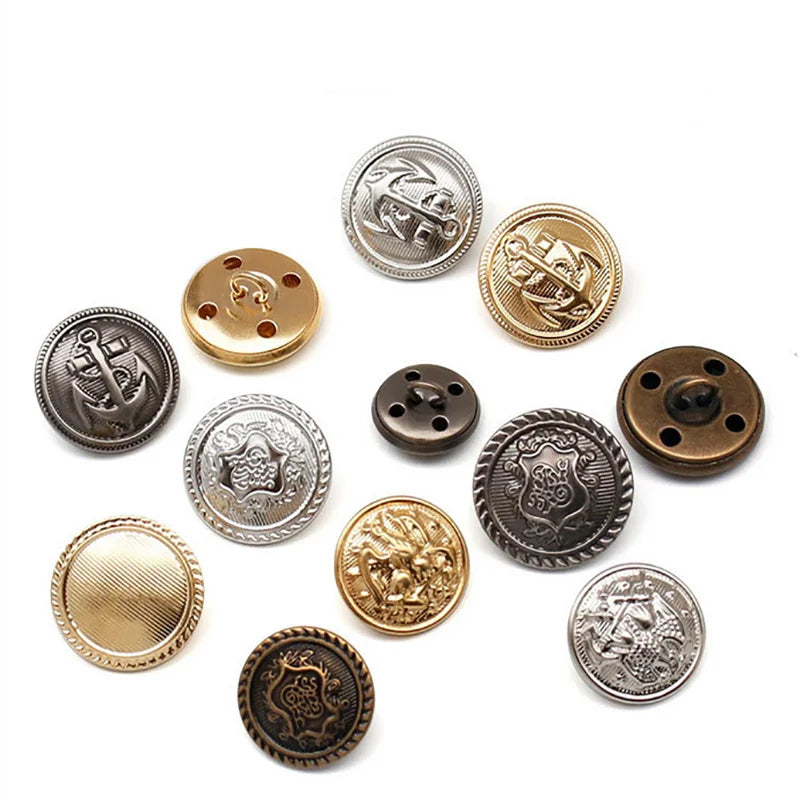 Diy Vintage Metal Copper Sewing Buttons Round Embossed Gold Silver Anchor Musical Notes Hole British School Uniform Jeans Button