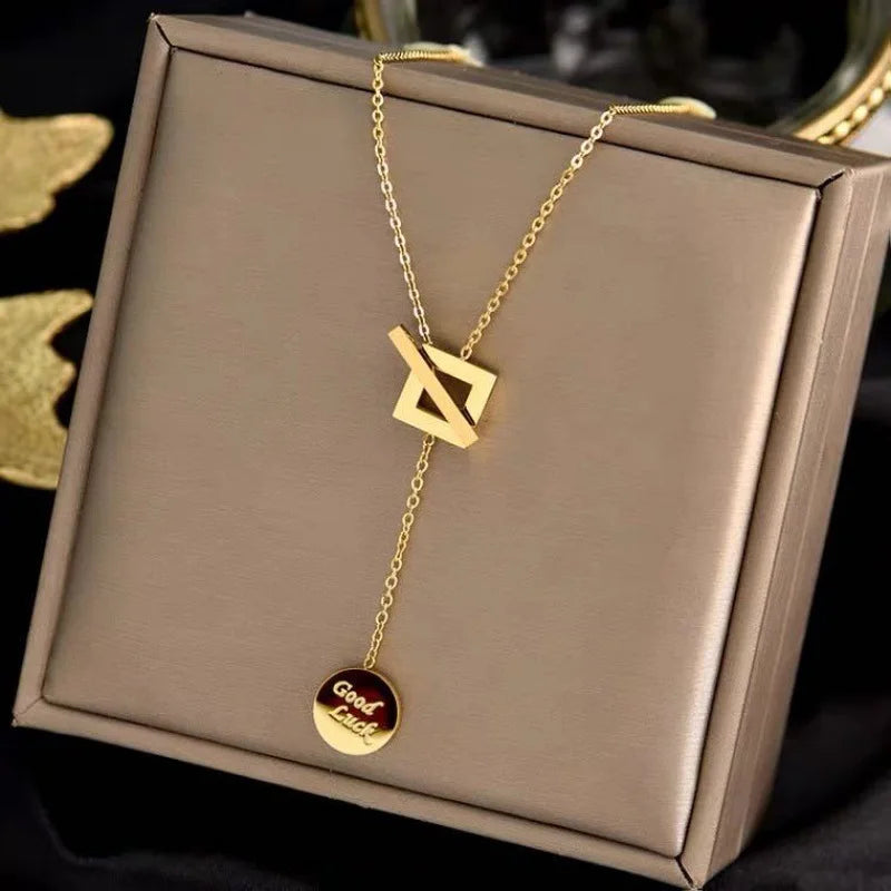 Gold square Lock Good Luck Round Brand Necklace Lady Clavicle Chain INS Student Rose Gold Fade Proof Pendant  Necklace