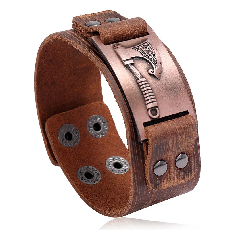 Men's Vintage Jewelry Fashion Handmade Bracelet Adjustable Size Cowhide Cuff Bracelet Viking Tomahawk Vikings: Valhalla Bangle