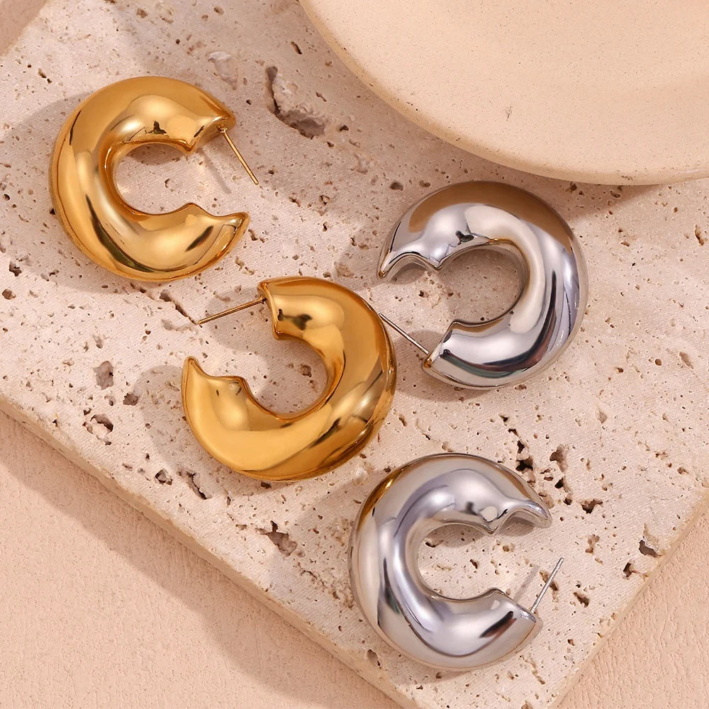Wholesale Tarnish Free Fashion Jewelry 18K Gold Stainless Steel Hollow Irregular Earring Round C-Shape Hoop Earrings for Women