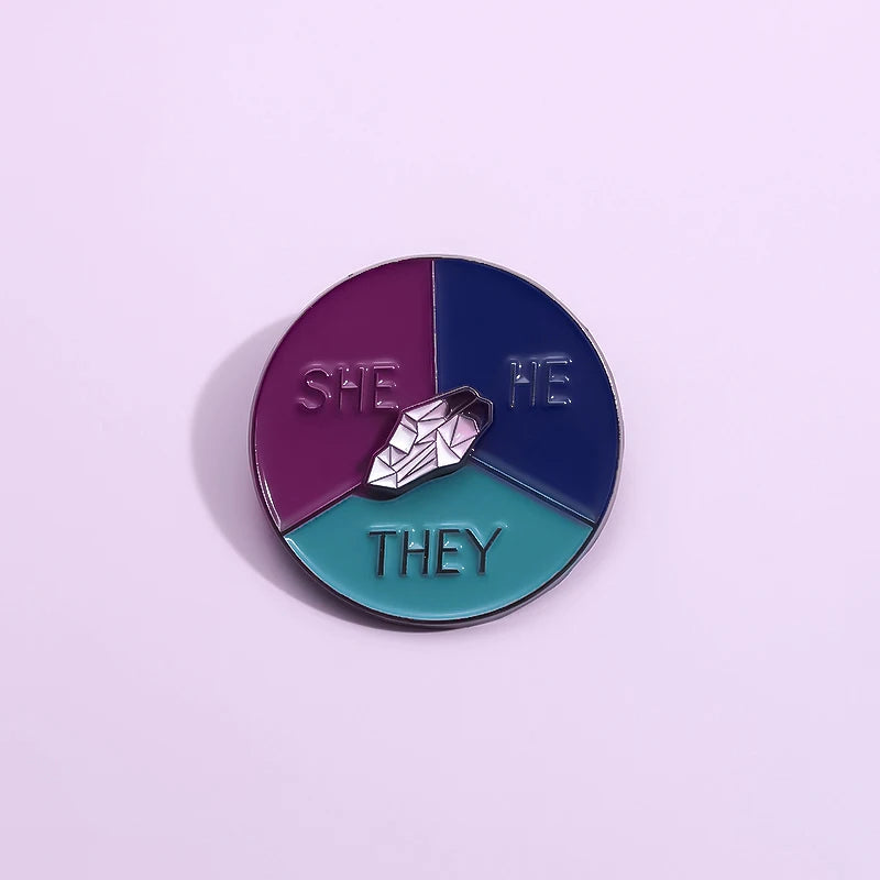 Round Tricolor Rotatable Brooches Custom HE SHE THEY Funny Metal Soft Enamel Pins Lapel Badges Wholesale