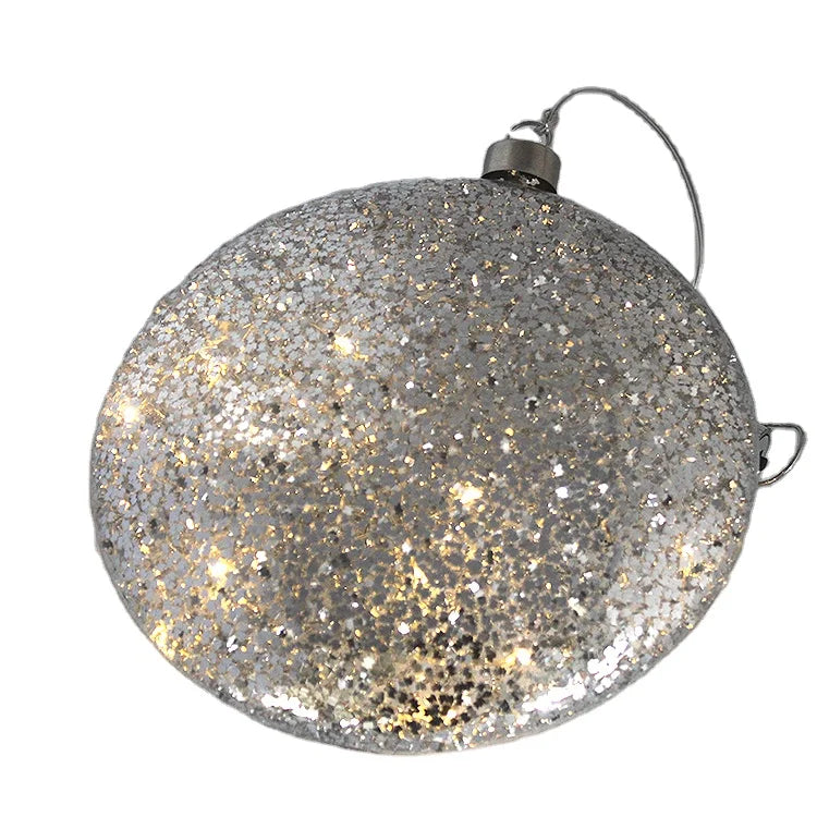 12cm 4.8 Inches Transparent Led Lighted Flat Disc Glass Christmas Tree Ball Bauble Hanging Round Ornaments With Sliver Sequins