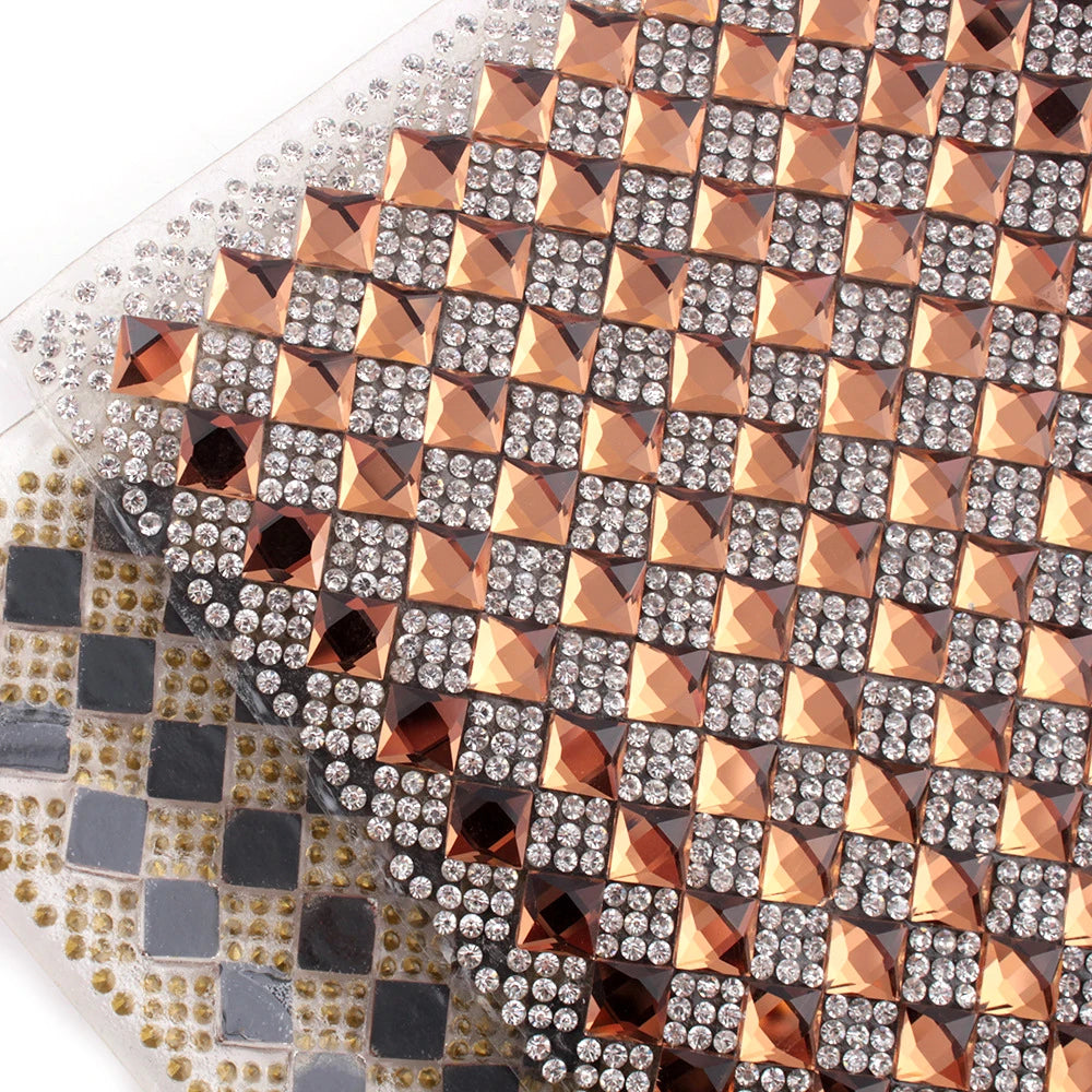 Crystal Champagne Square Rhinestones Decorative Flatback Hot Fix Rhinestone Crystal Mesh Sheet 24*40CM