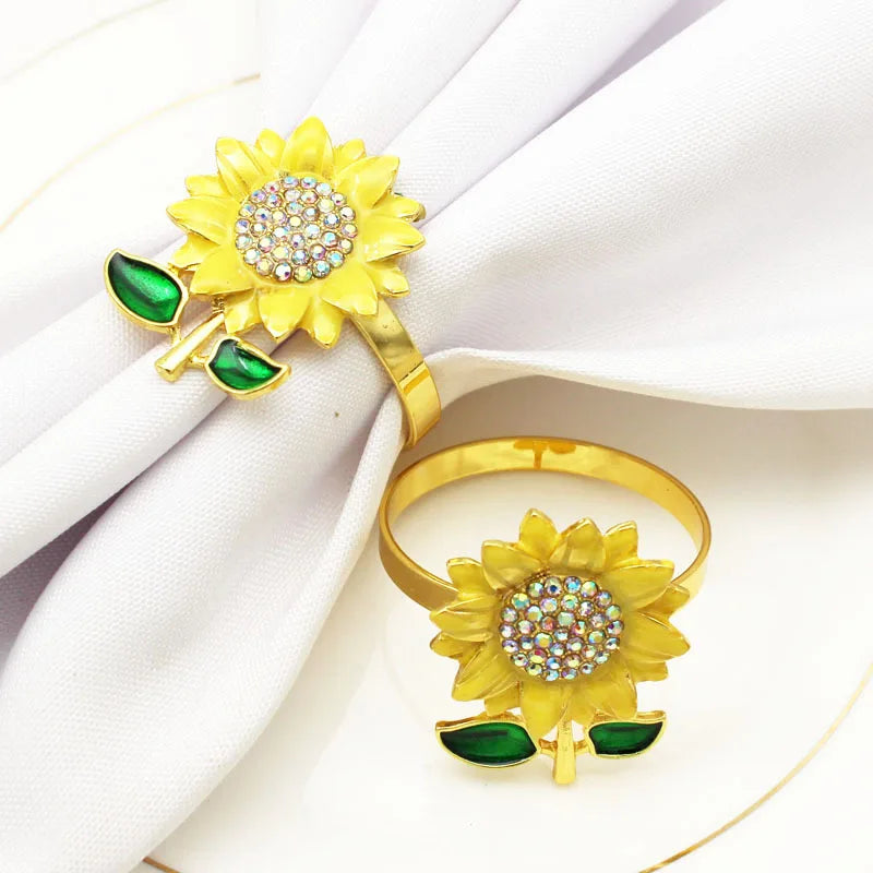 Wholesale Table Accessories Gold Rhinestone Flower Napkin Holder Sunflower Napkin Rings Serviette Decoration