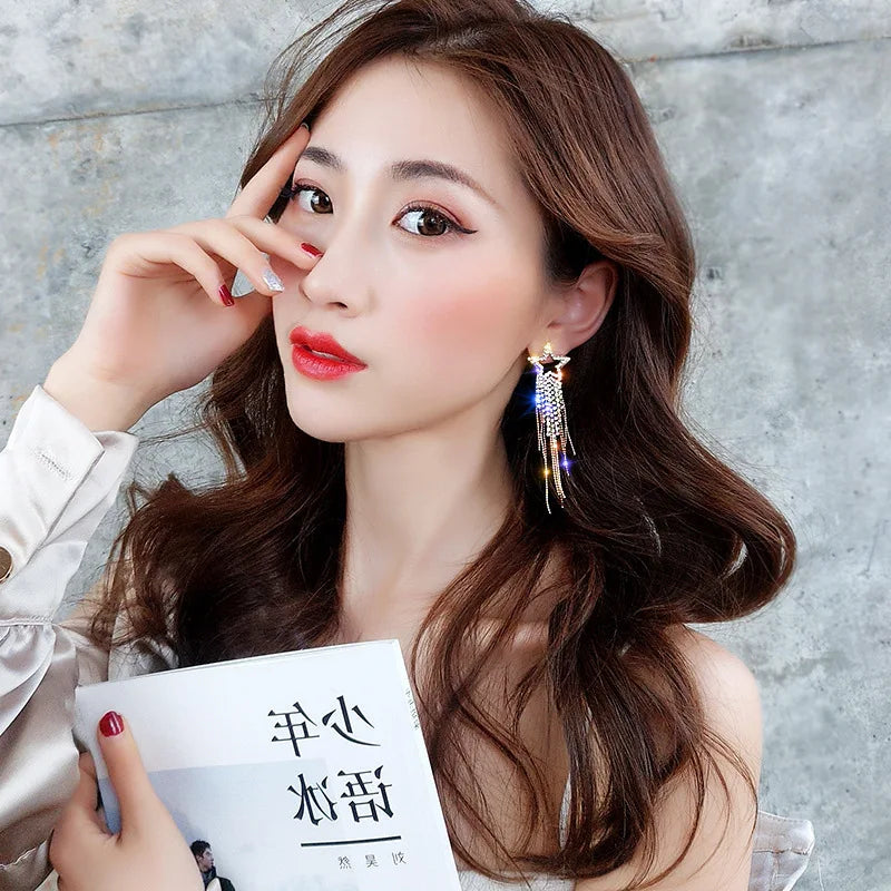 Shining Long Diamond Tassel with Alloy Beaded String for Star Shaped Earrings