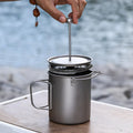 Pure Titanium Outdoor French Press Pot for Coffee & Tea with Wide Mouth Filter and Hanging Cup for Home or Travel Use