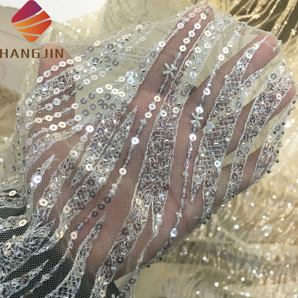 3D Champagne Beaded Tulle Embroidery Lace Fabric Dubai Couture Wedding Beading Sequins Laces Fabrics for Bridal Gown Dress